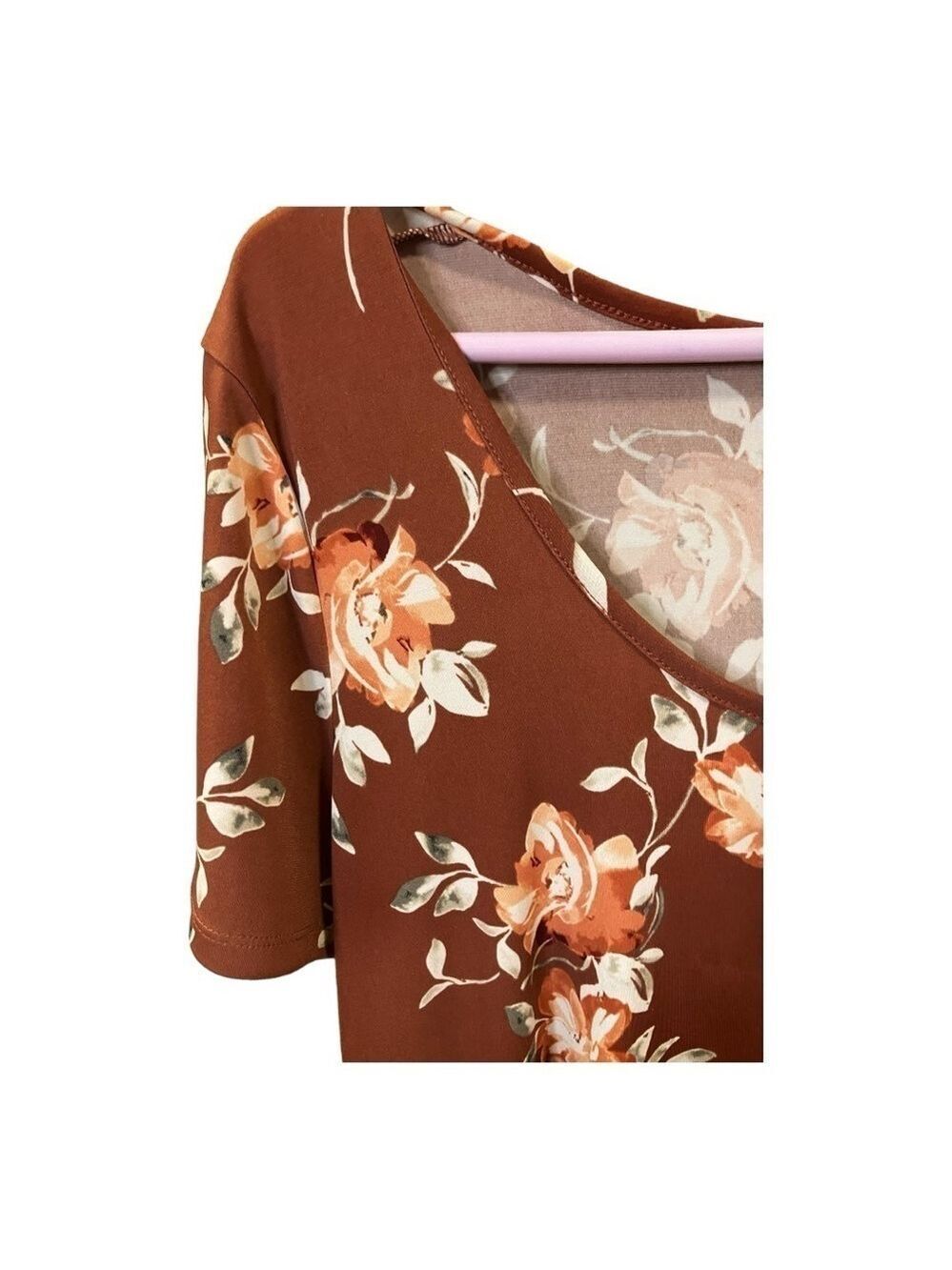 Torrid Short Sleeve Smocked Floral Tunic Brown Cream Roses Large - Picture 5 of 9